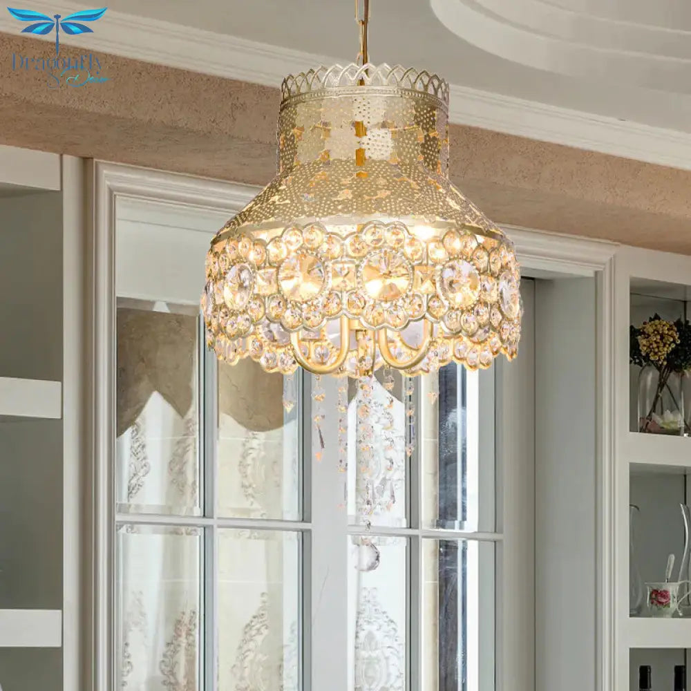 3 Lights Ceiling Chandelier Vintage Urn Shape Metal Pendant Lamp In Brass With Crystal Decoration