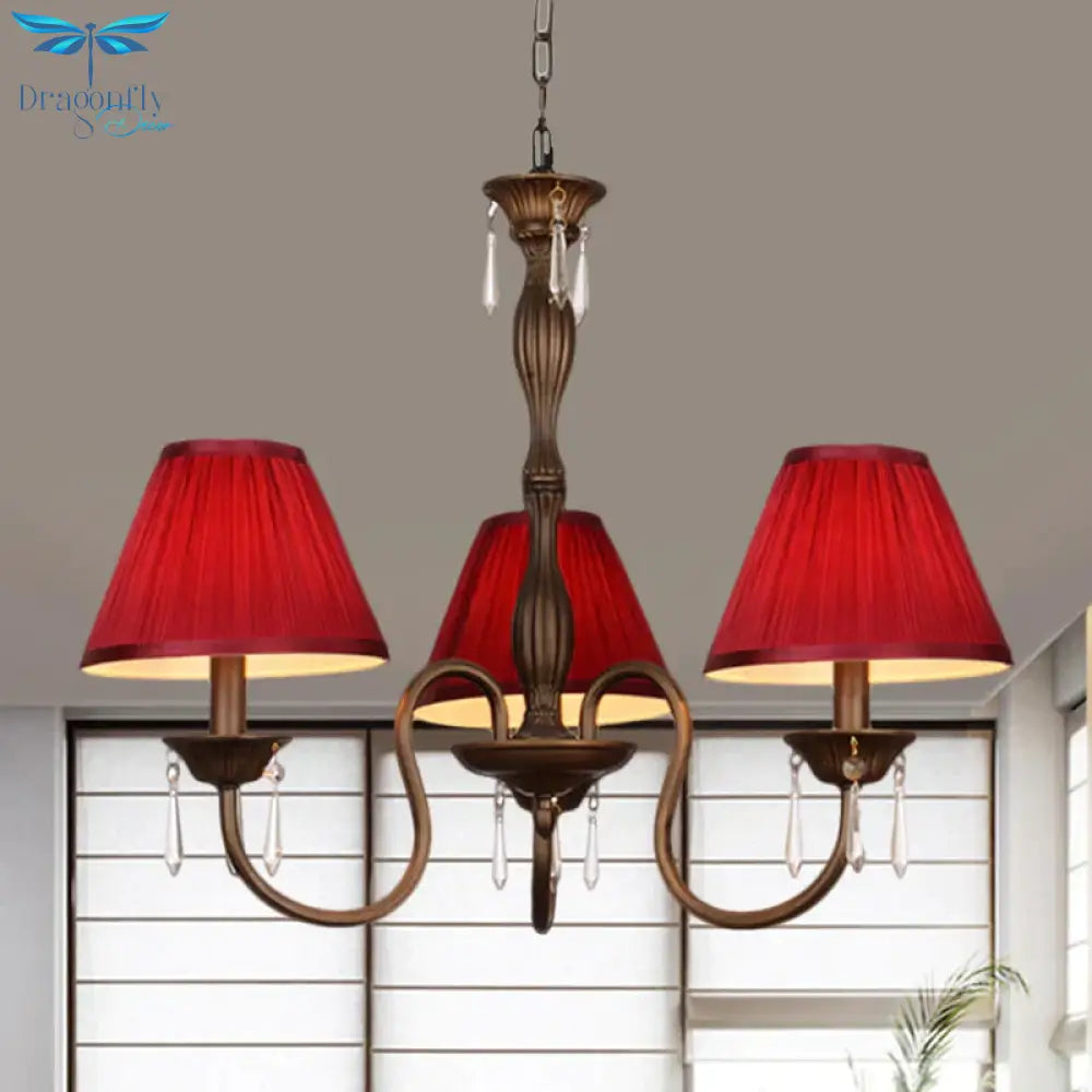 3 Lights Ceiling Lamp With Tapered Fabric Shade Traditional Bedroom Chandelier Pendant Light In