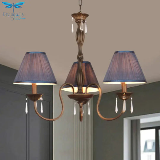 3 Lights Ceiling Lamp With Tapered Fabric Shade Traditional Bedroom Chandelier Pendant Light In