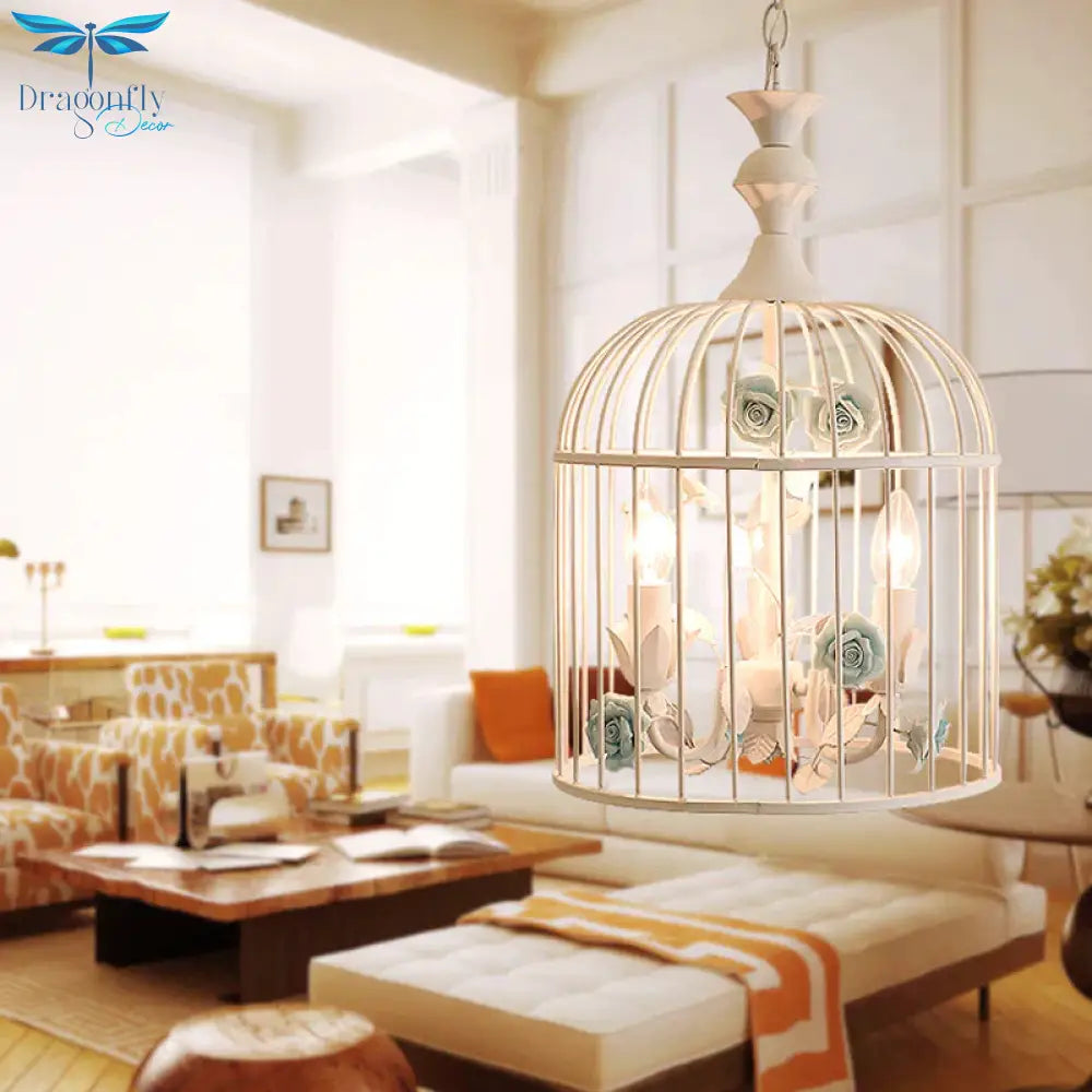 3 Lights Chandelier Light Rustic Birdcage Metal Hanging Ceiling With Blue/Pink Flower Decoration