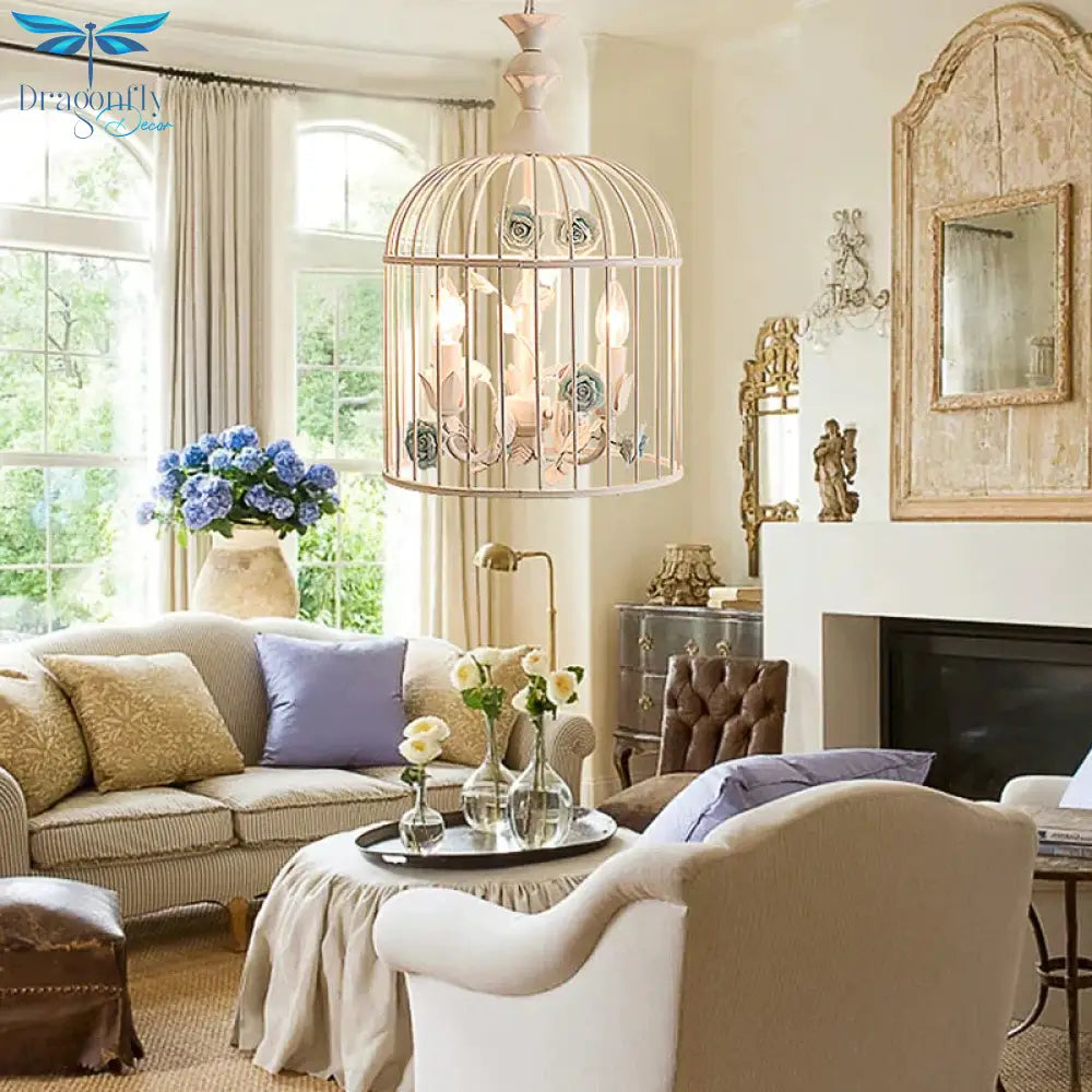 3 Lights Chandelier Light Rustic Birdcage Metal Hanging Ceiling With Blue/Pink Flower Decoration