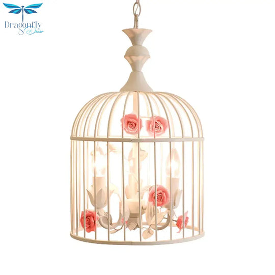 3 Lights Chandelier Light Rustic Birdcage Metal Hanging Ceiling With Blue/Pink Flower Decoration