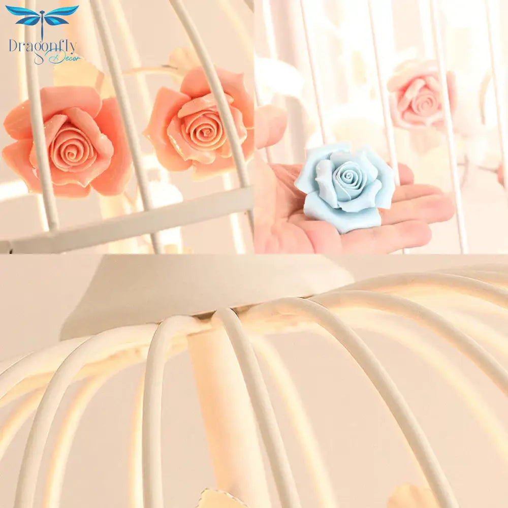 3 Lights Chandelier Light Rustic Birdcage Metal Hanging Ceiling With Blue/Pink Flower Decoration
