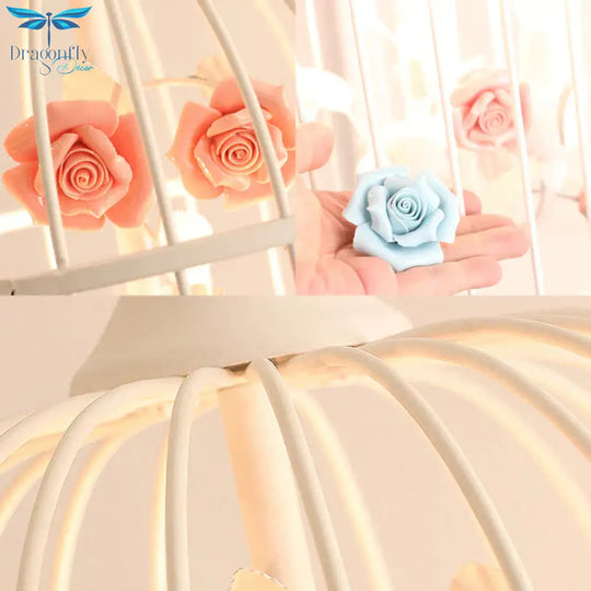 3 Lights Chandelier Light Rustic Birdcage Metal Hanging Ceiling With Blue/Pink Flower Decoration