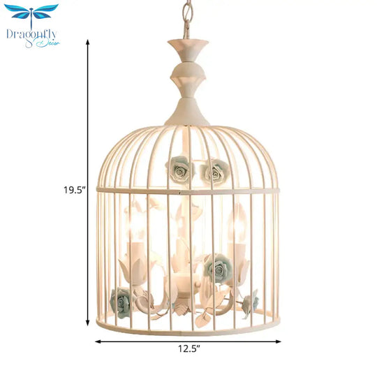 3 Lights Chandelier Light Rustic Birdcage Metal Hanging Ceiling With Blue/Pink Flower Decoration