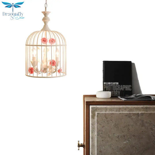 3 Lights Chandelier Light Rustic Birdcage Metal Hanging Ceiling With Blue/Pink Flower Decoration
