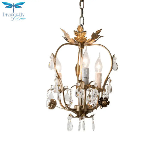 3 Lights Chandelier Pendant Countryside Inverted Pear Frame Crystal Hanging Lamp In Antiqued Brass