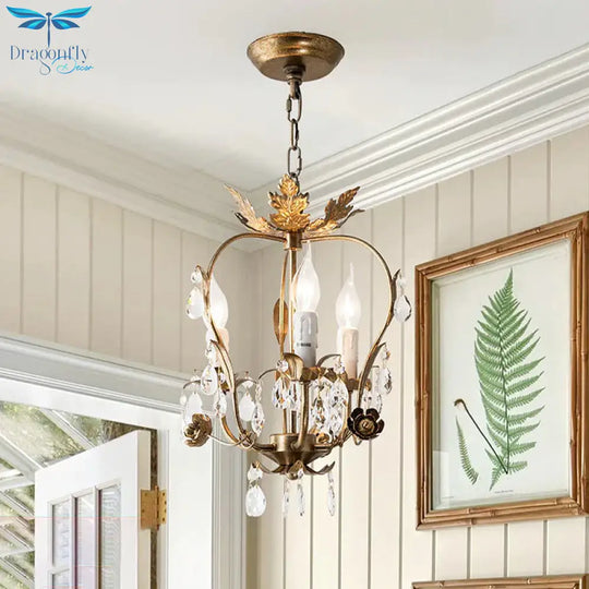 3 Lights Chandelier Pendant Countryside Inverted Pear Frame Crystal Hanging Lamp In Antiqued Brass