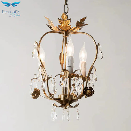 3 Lights Chandelier Pendant Countryside Inverted Pear Frame Crystal Hanging Lamp In Antiqued Brass