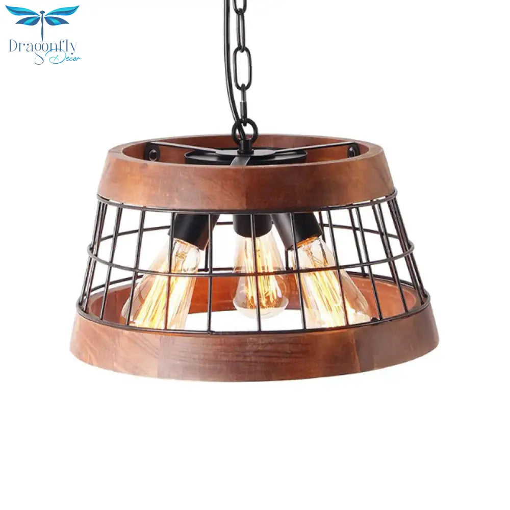 3 Lights Drum Ceiling Pendant Vintage Wood Metal Chandelier Lighting With Cage