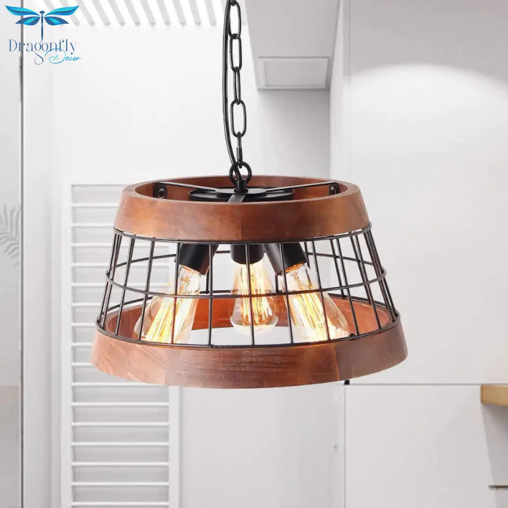 3 Lights Drum Ceiling Pendant Vintage Wood Metal Chandelier Lighting With Cage