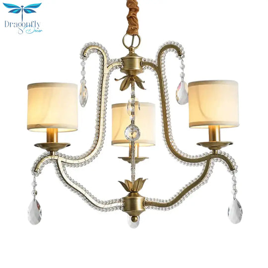 3 Lights Hanging Chandelier Post Modern Frame Crystal Bead Pendant Ceiling Lamp With Fabric Shade