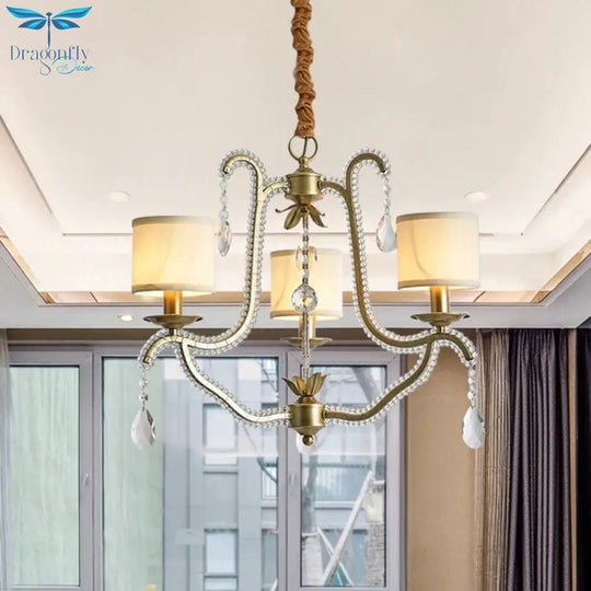 3 Lights Hanging Chandelier Post Modern Frame Crystal Bead Pendant Ceiling Lamp With Fabric Shade