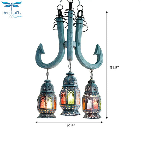 3 Lights Lantern Pendant Chandelier Mediterranean Blue Metal Hanging Lamp With Wooden Hook Rod