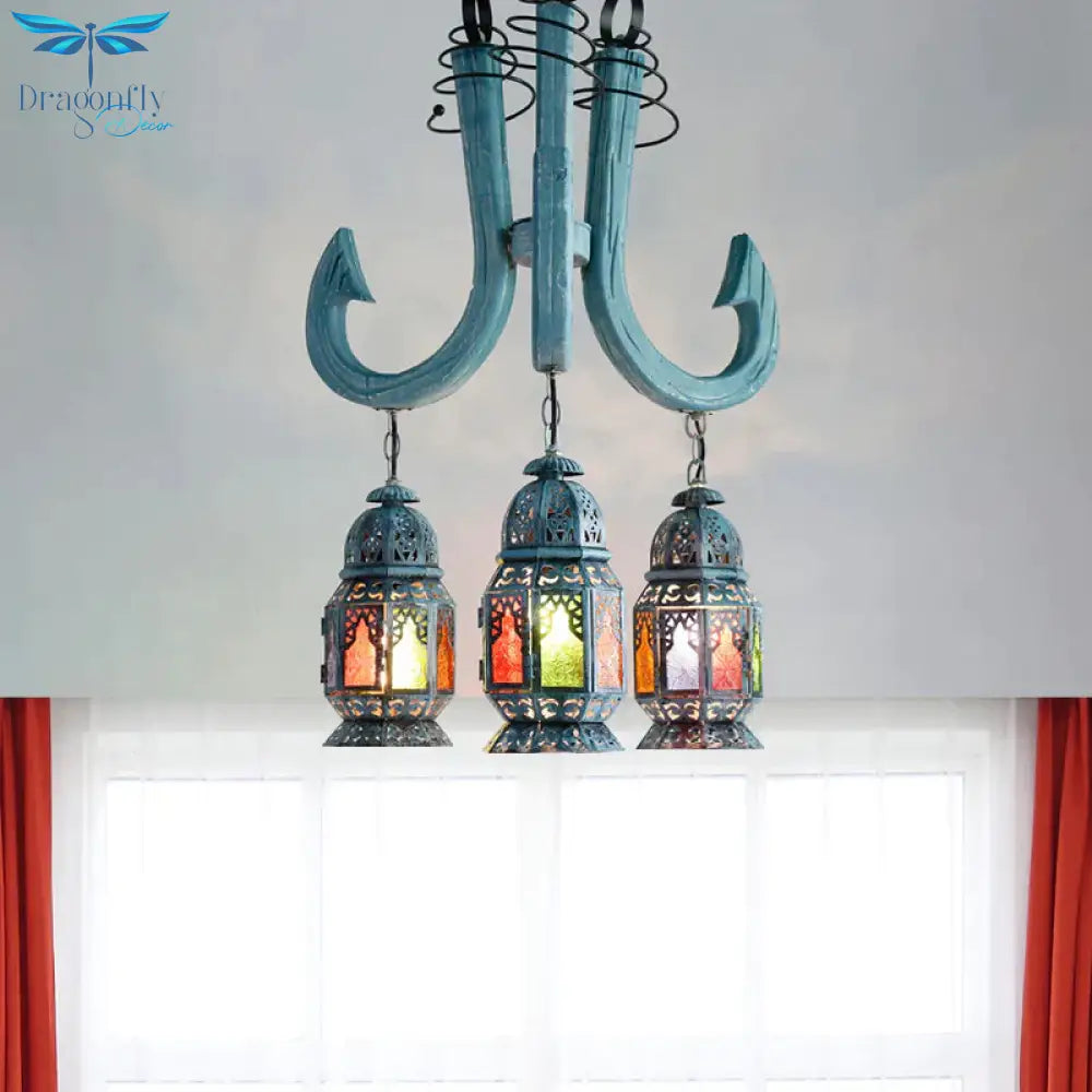 3 Lights Lantern Pendant Chandelier Mediterranean Blue Metal Hanging Lamp With Wooden Hook Rod