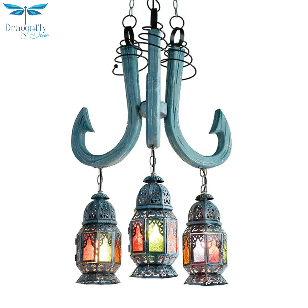 3 Lights Lantern Pendant Chandelier Mediterranean Blue Metal Hanging Lamp With Wooden Hook Rod