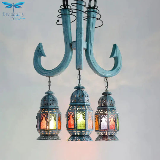 3 Lights Lantern Pendant Chandelier Mediterranean Blue Metal Hanging Lamp With Wooden Hook Rod
