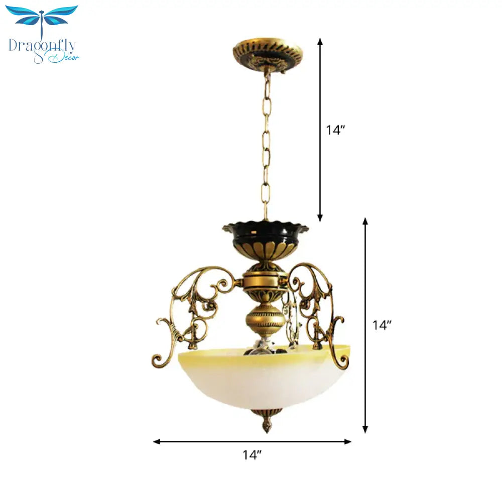 3 Lights Pendant Chandelier Country Bowl - Like Milk Glass Pendulum Lighting With Branch Decor In