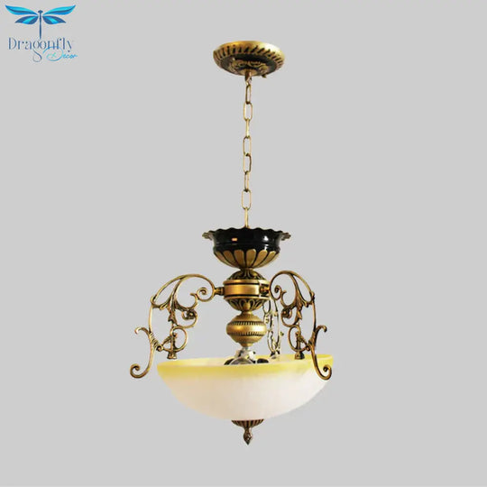 3 Lights Pendant Chandelier Country Bowl - Like Milk Glass Pendulum Lighting With Branch Decor In