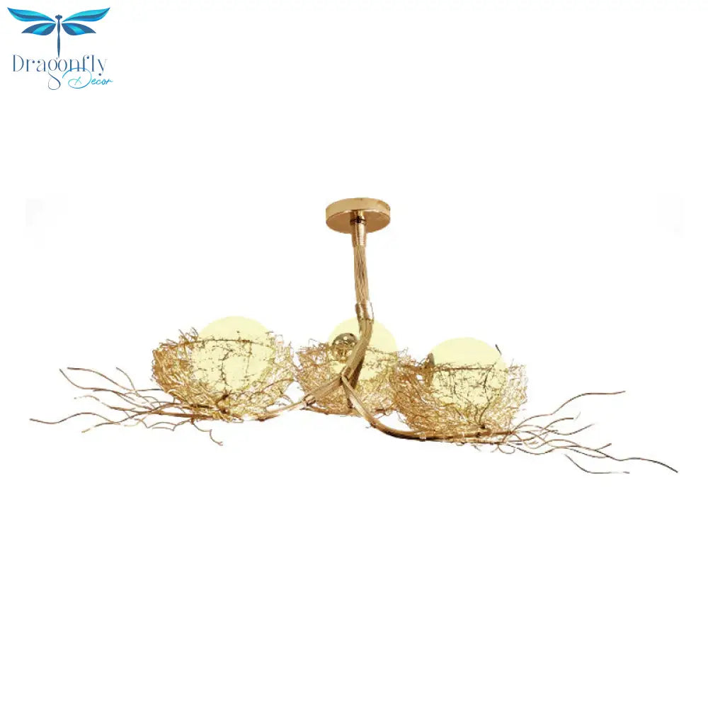 3 Lights Study Room Ceiling Chandelier Gold Hanging Lamp Kit With Egg White Glass Shade And