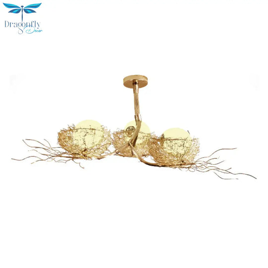 3 Lights Study Room Ceiling Chandelier Gold Hanging Lamp Kit With Egg White Glass Shade And
