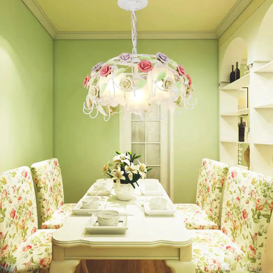 3 Lights Suspension Pendant Countryside Flower White Glass Hanging Chandelier With Bird Nest Cage