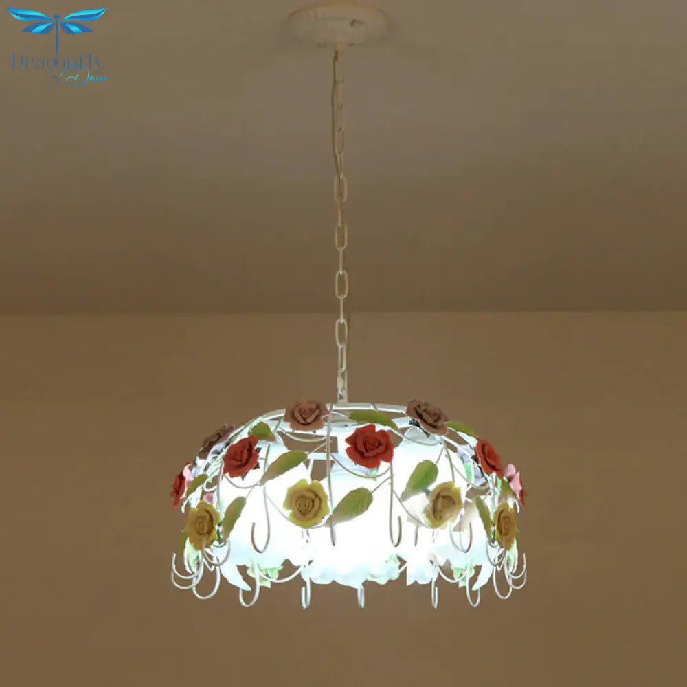 3 Lights Suspension Pendant Countryside Flower White Glass Hanging Chandelier With Bird Nest Cage