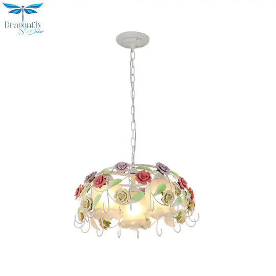 3 Lights Suspension Pendant Countryside Flower White Glass Hanging Chandelier With Bird Nest Cage