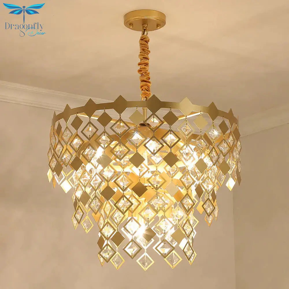 3 Tiers Dining Room Chandelier Light K9 Crystal 6 Heads Postmodern Pendant Fixture In Gold