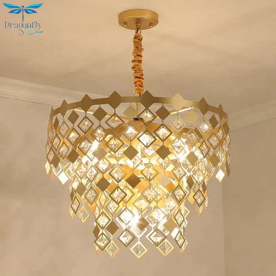 3 Tiers Dining Room Chandelier Light K9 Crystal 6 Heads Postmodern Pendant Fixture In Gold