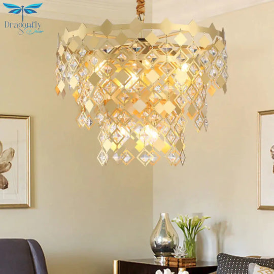 3 Tiers Dining Room Chandelier Light K9 Crystal 6 Heads Postmodern Pendant Fixture In Gold