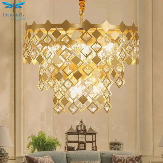 3 Tiers Dining Room Chandelier Light K9 Crystal 6 Heads Postmodern Pendant Fixture In Gold