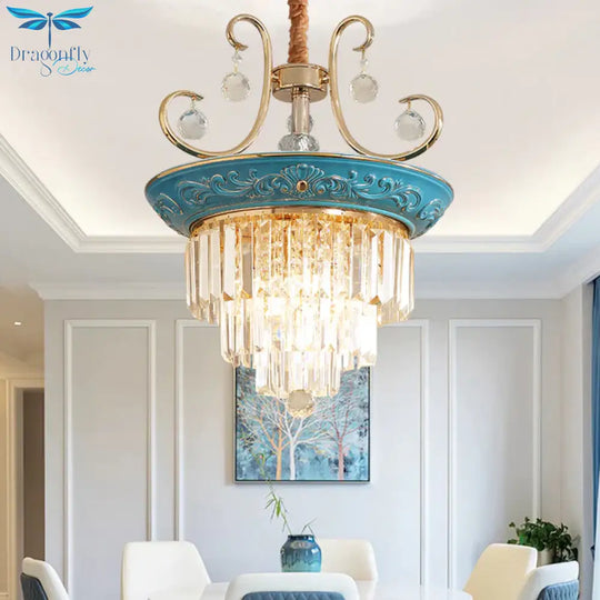 3 Tiers Tri - Sided Crystal Rod Chandelier Light Simple Style 3/5 Heads Blue Ceiling Fixture