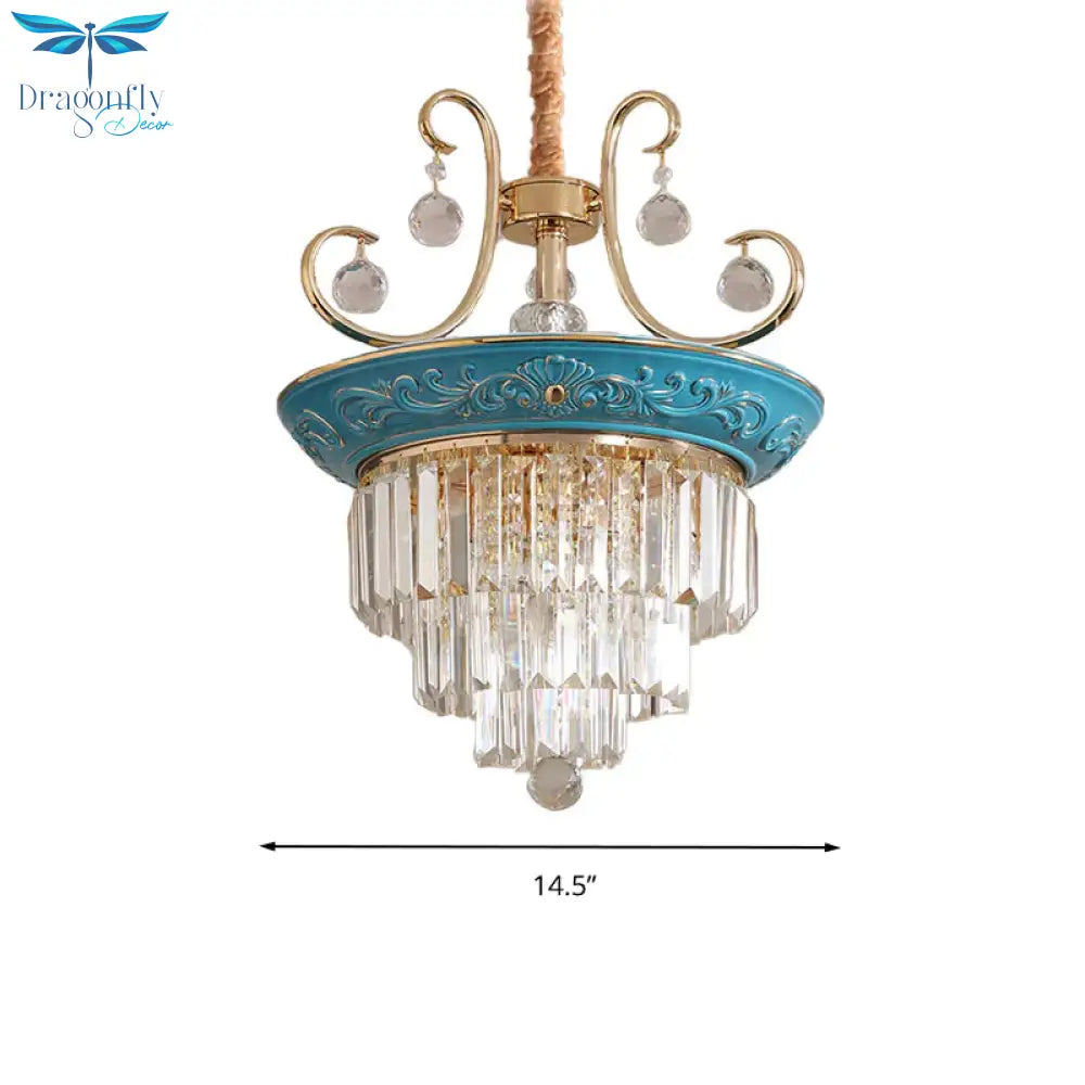 3 Tiers Tri - Sided Crystal Rod Chandelier Light Simple Style 3/5 Heads Blue Ceiling Fixture