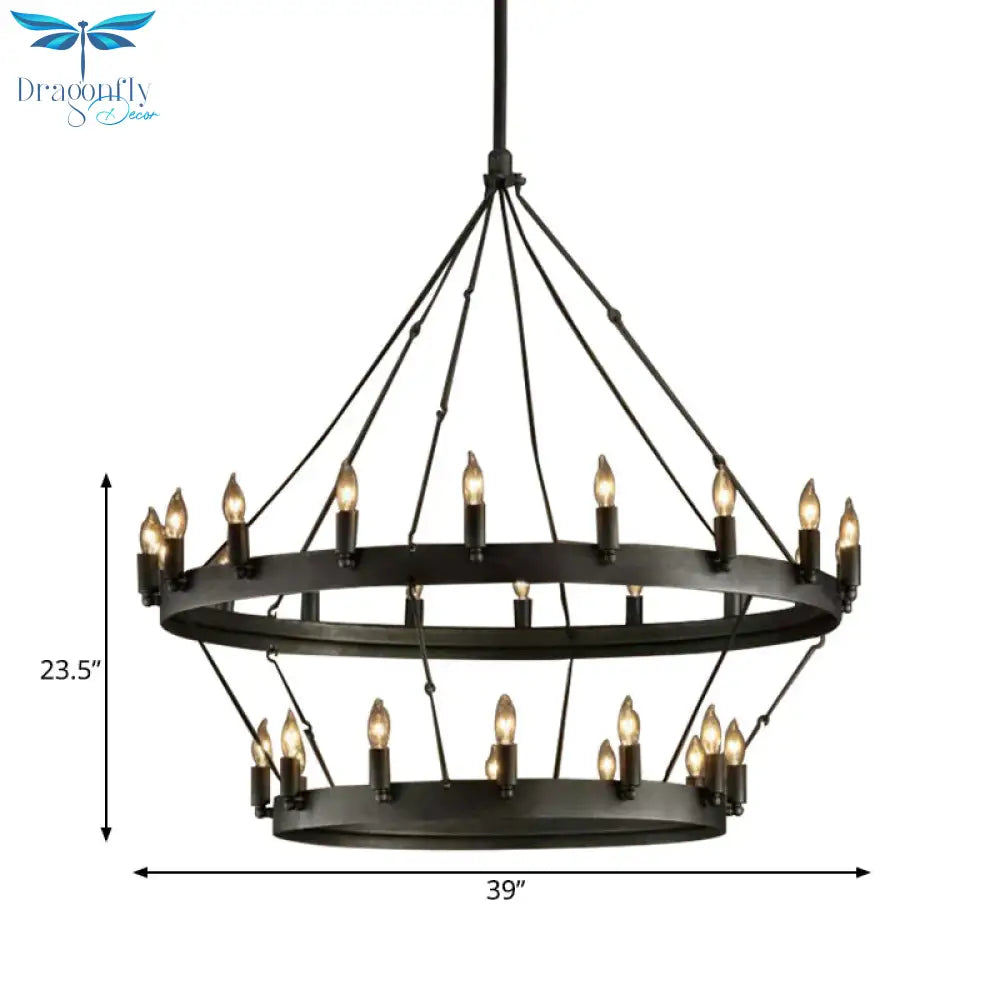 30 Lights Candle Style Hanging Lamp Kit Countryside Black Metal Chandelier Lighting With Round Ring
