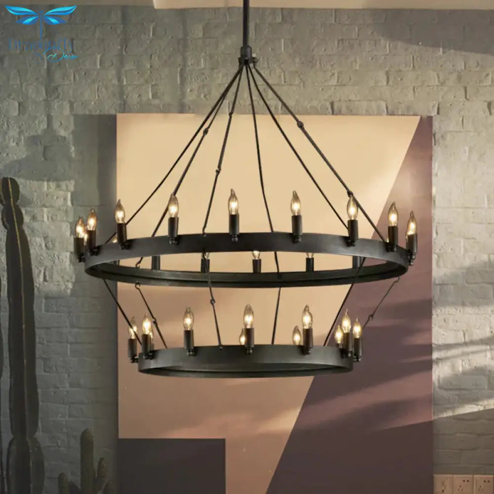 30 Lights Candle Style Hanging Lamp Kit Countryside Black Metal Chandelier Lighting With Round Ring
