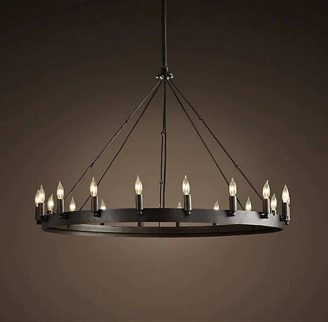 Round Wrought Iron Chandelier Living Room Bar Decorative Personality Cafe Candle Pendant