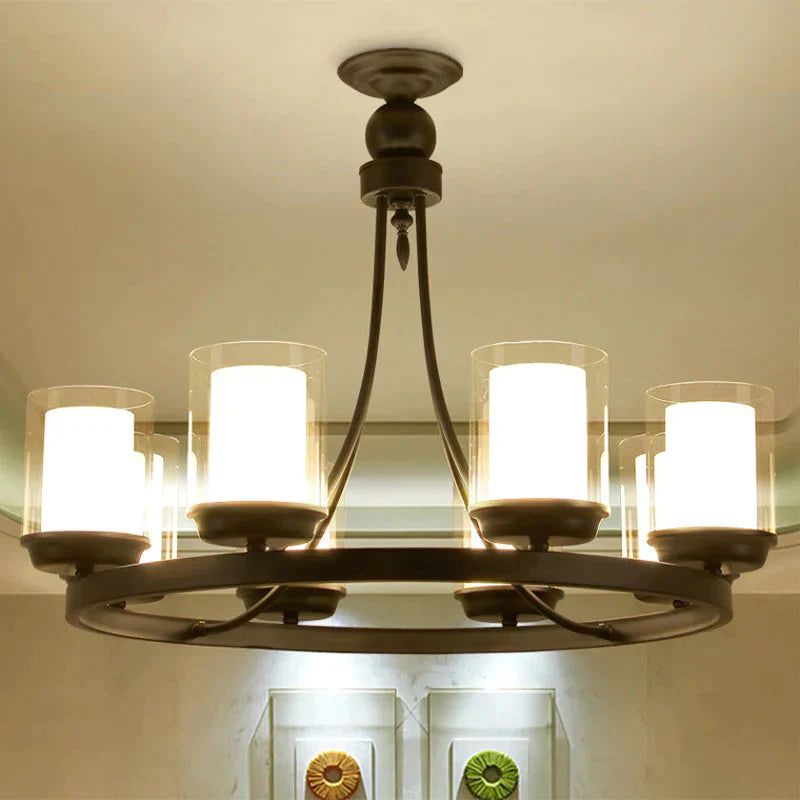 Traditional Cylindrical Clear Glass Pendant Ceiling Lamp In Black 4/6/8 Bulbs Chandelier
