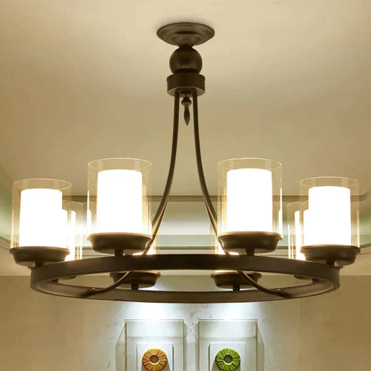 Traditional Cylindrical Clear Glass Pendant Ceiling Lamp In Black 4/6/8 Bulbs Chandelier