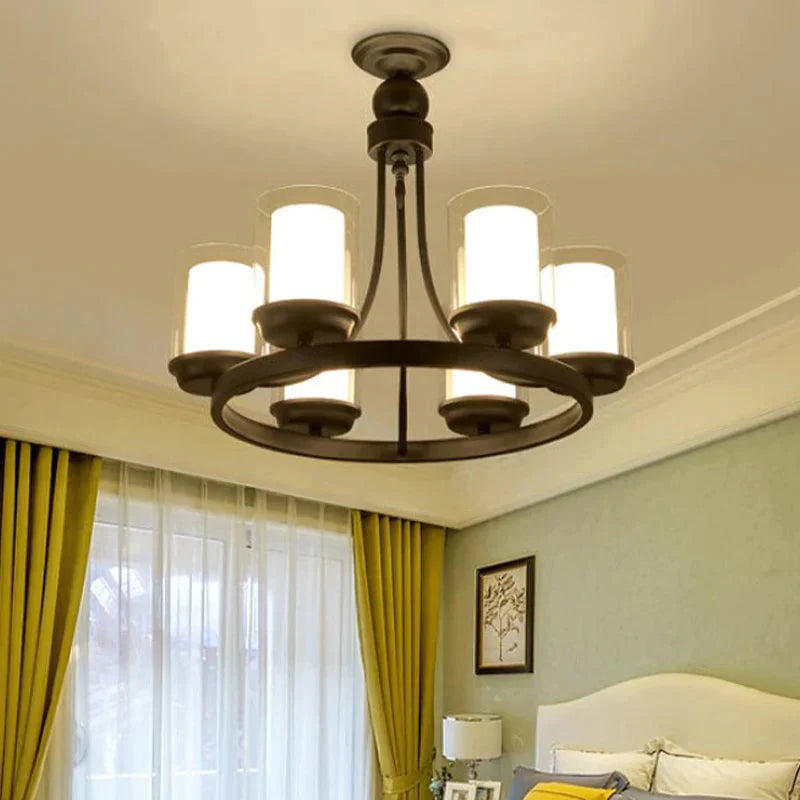 Traditional Cylindrical Clear Glass Pendant Ceiling Lamp In Black 4/6/8 Bulbs Chandelier 6 /