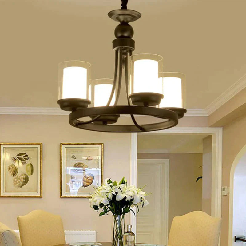 Traditional Cylindrical Clear Glass Pendant Ceiling Lamp In Black 4/6/8 Bulbs Chandelier 4 /