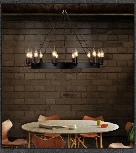 Round Wrought Iron Chandelier Living Room Bar Decorative Personality Cafe Candle Pendant