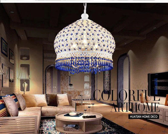 Bohemian Mediterranean Blue Crystal Ceiling Drop Light Pendant Lamp Lampshade Lighting Fixture For
