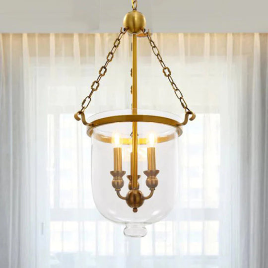 Modern Hanging 3 Bulbs Pendant Light Gold Down Lighting With Bell Clear Glass Shade