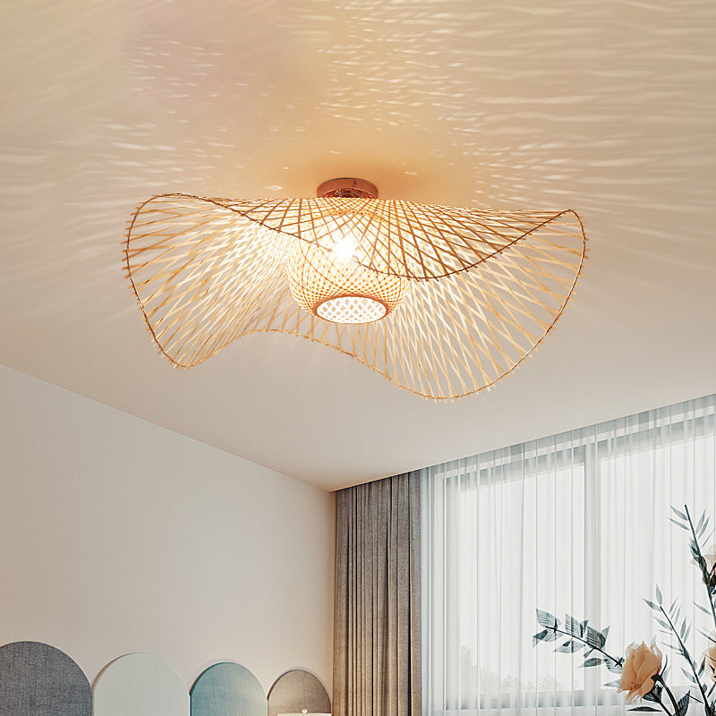 Hand - Worked Bamboo Semi - Flush Mount Light - Japanese Style 2 - Bulb Close To Ceiling Lighting