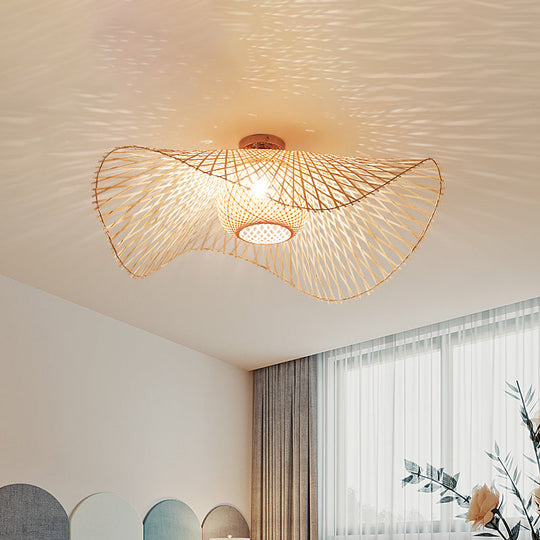 Hand - Worked Bamboo Semi - Flush Mount Light - Japanese Style 2 - Bulb Close To Ceiling Lighting