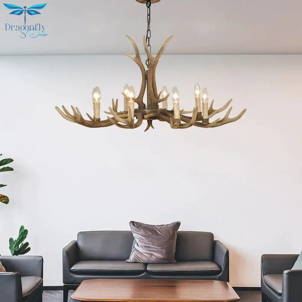 4/6/8 Lights Chandelier Lighting Fixture Rustic Candle Resin Hanging Light In Brown For Living Room