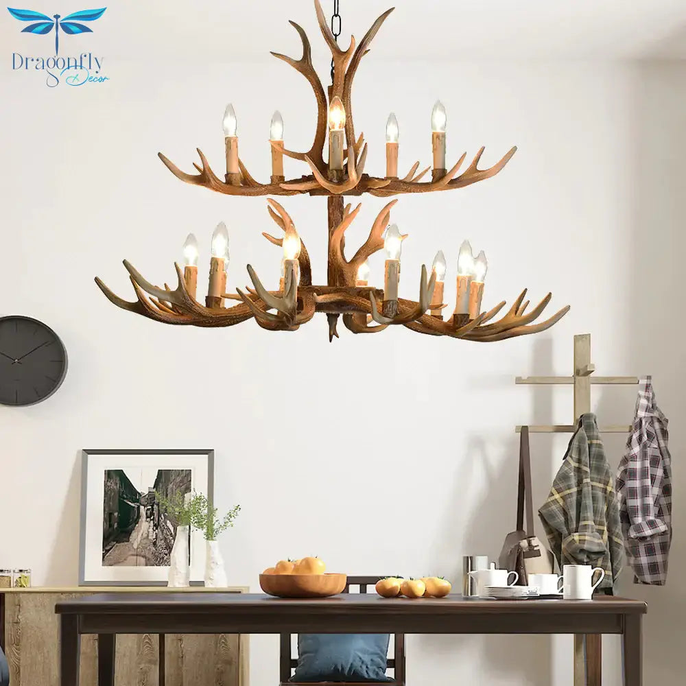4/6/8 Lights Chandelier Lighting Fixture Rustic Candle Resin Hanging Light In Brown For Living Room