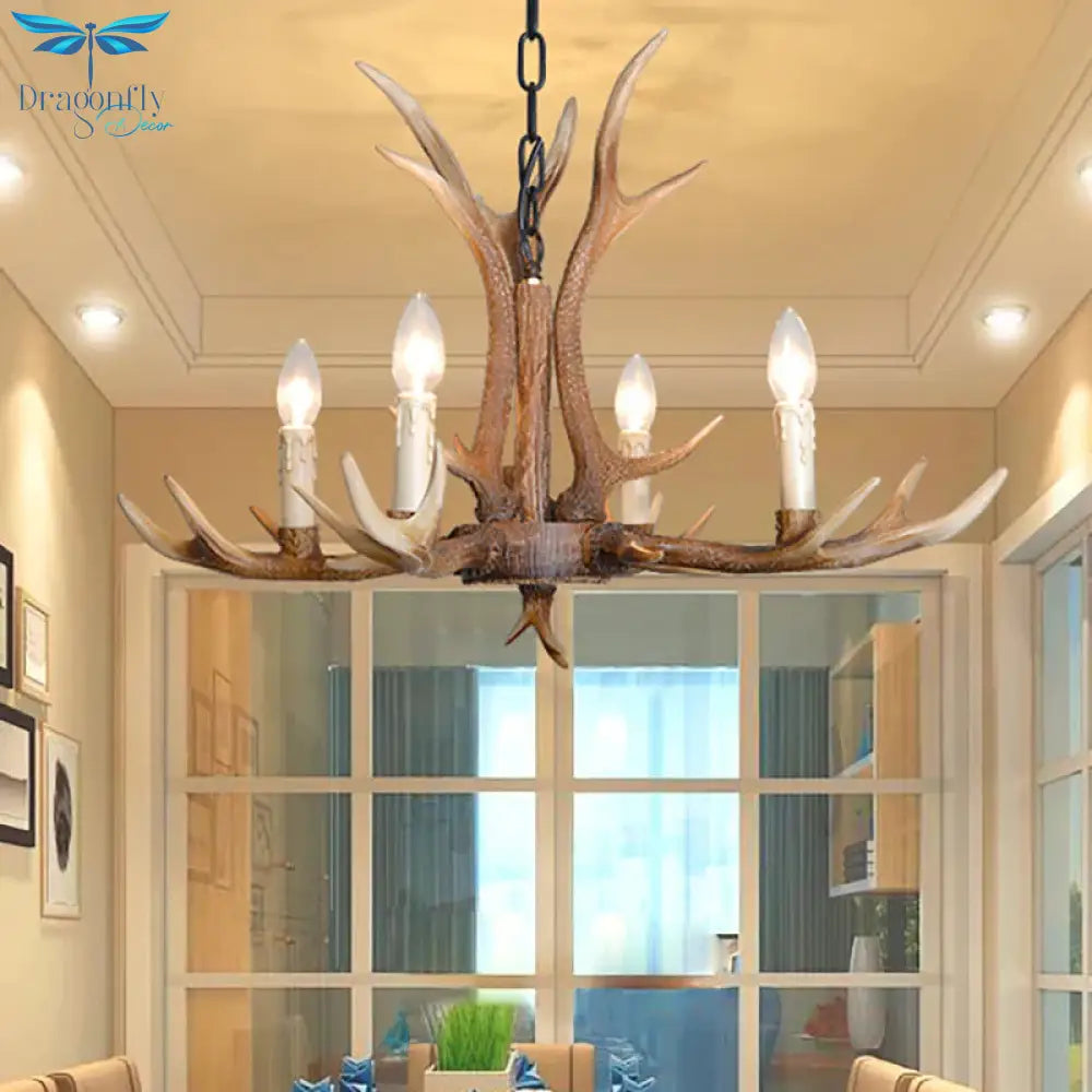 4/6/8 Lights Chandelier Lighting Fixture Rustic Candle Resin Hanging Light In Brown For Living Room