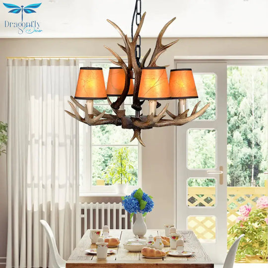 4/6/8 Lights Resin Chandelier Lamp Loft Brown Cone Dining Room Down Lighting Pendant With Fabric
